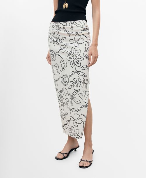 Women's Slit Printed Long Skirt - Ecru