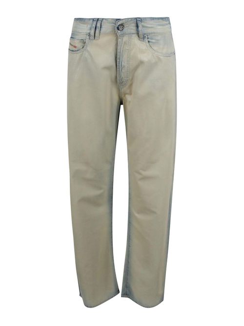 Flowing denim trousers with an X-ray effect