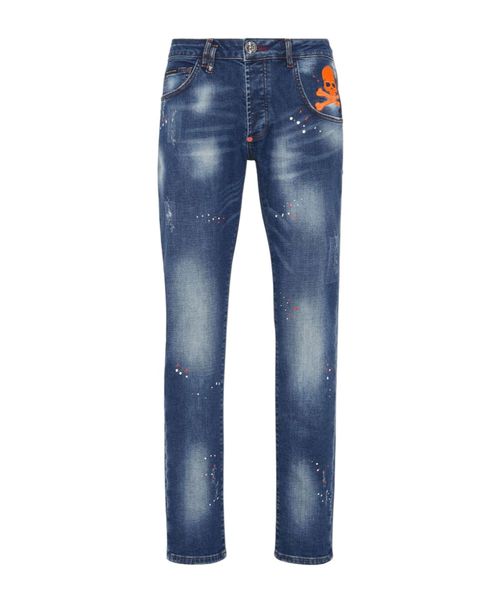 Paint effect straight denim trousers