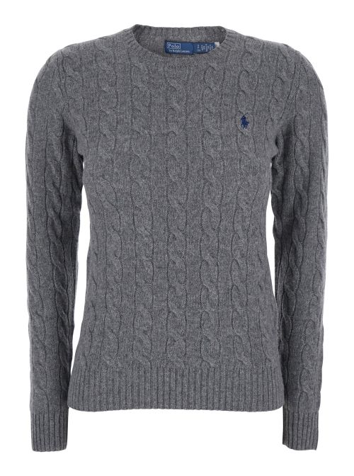 Cable-Knit Pony-Embroidered Sweater — Gray