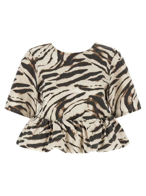 Zebra-Print Denim Blouse — Cream