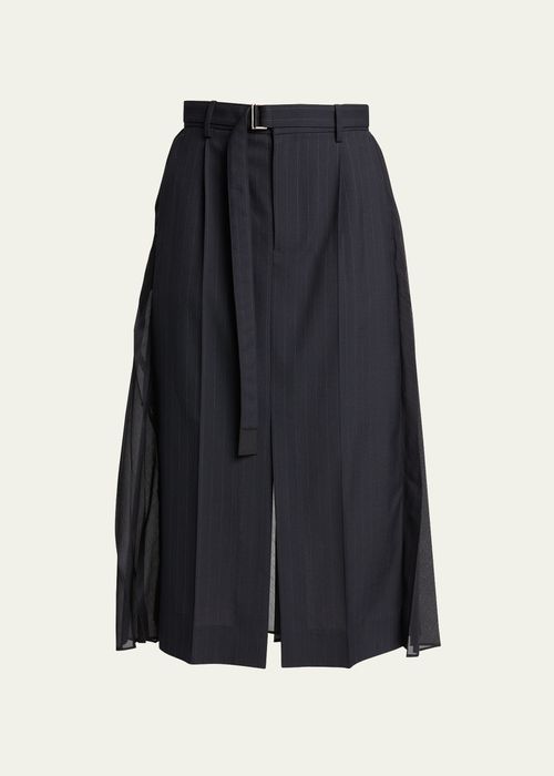 Pleated Sheer Chalk Stripe Belted Midi Skirt