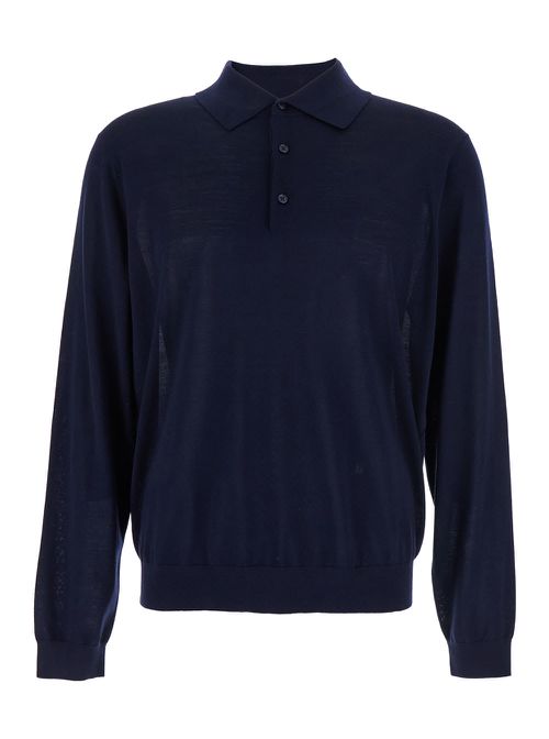 Blue Polo Shirt With Classic Collar And Ribbed Trims In Wool Man