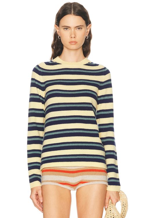 The Elder Statesman Laurel Stripe Crew Sweater in Cypress Stripe - Lemon,Blue. L also in M