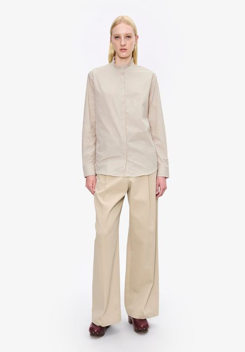 A. P.C. Women's Striped blouse with ruffled collar Size: 34 in Beige