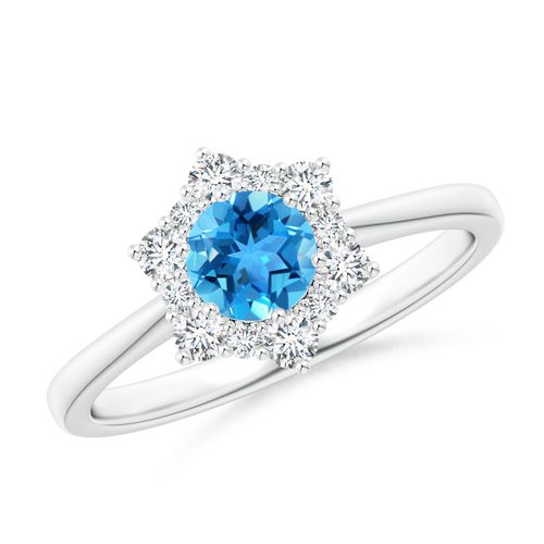 Angara 0.6 Carat Swiss Blue Topaz and Diamond Floral Halo Engagement Ring in Platinum