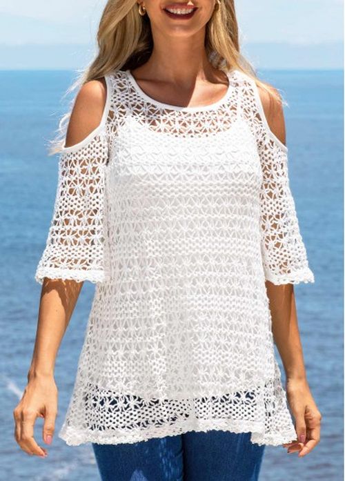 Modlily Cold Shoulder Woven Fabric T Shirt and White Tank Top