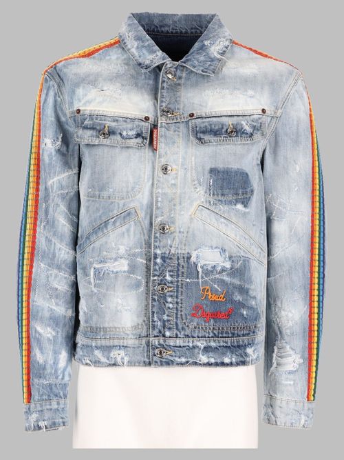 Distressed Denim Trucker Jacket with Striped Sleeve Detail