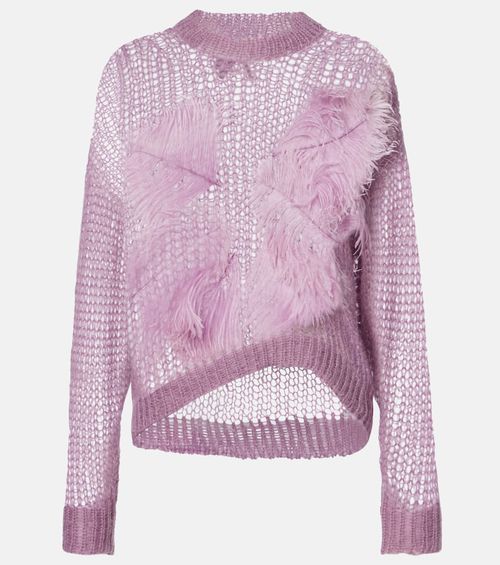 Feather-trimmed open-knit mohair-blend sweater