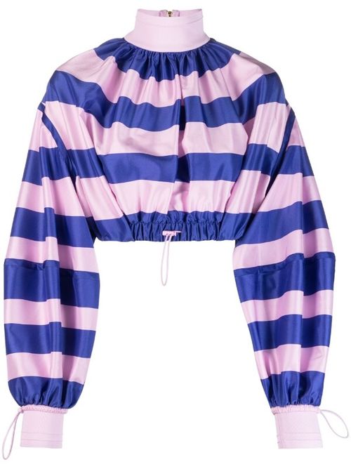 Horizontal-Stripe Print Drawstring Blouse — Pink