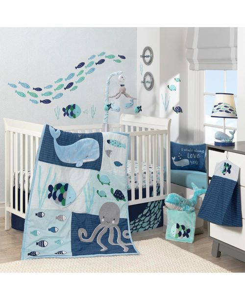 Oceania Blue/Gray/White Whale with Octopus and Fish Nautical Ocean 6-Piece Nursery Baby Crib Bedding Set - Blue