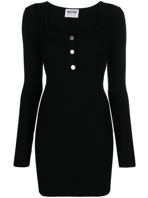 Long-sleeve ribbed-knit dress - Black