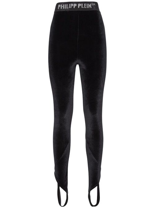 Logo-underband velvet leggings - Black
