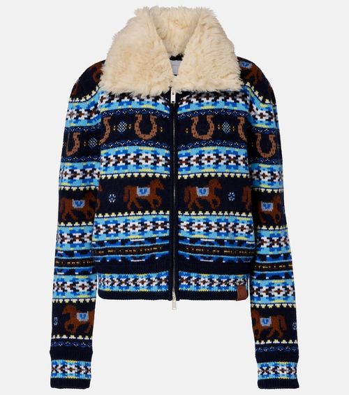 Intarsia virgin wool zip-up cardigan