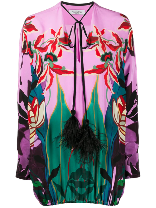 Feather-Embellished Floral Print Blouse — Pink