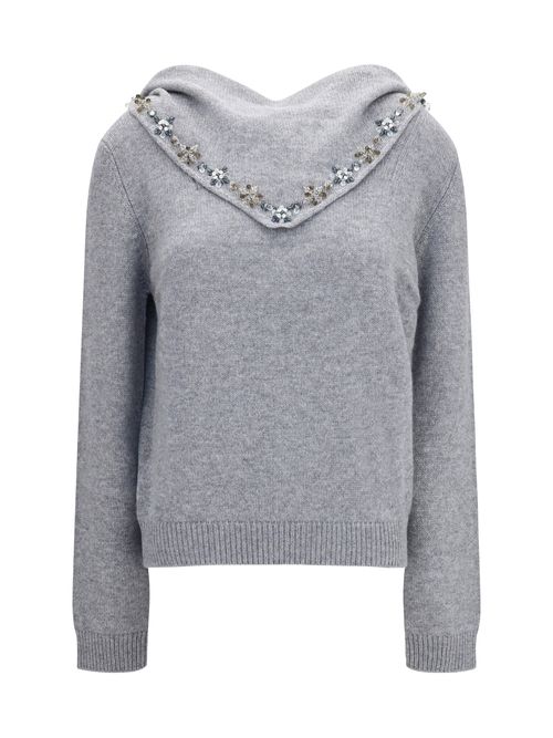 Crystal-Embellished Integrated Scarf Sweater — Gray