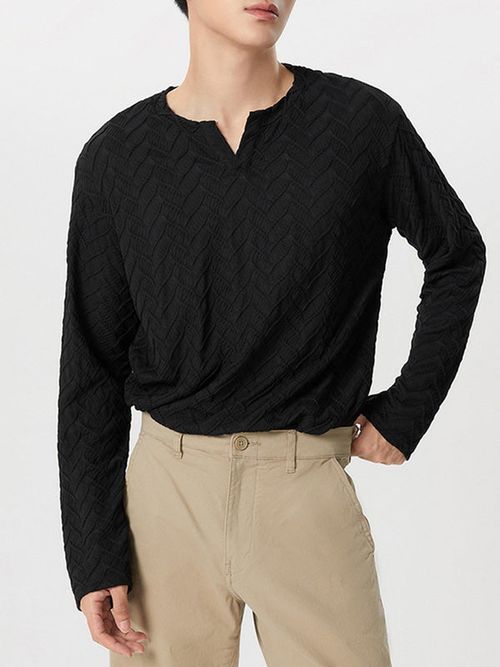 Mens V-neck Mercerized Cotton Long-sleeved Shirts SKUI34308 - Black / S