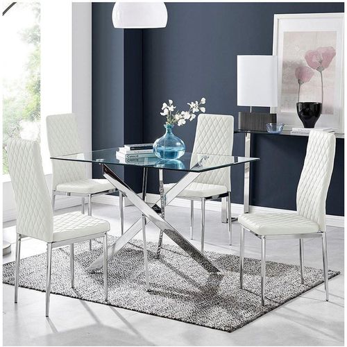 Leonardo Glass And Chrome Metal Dining Table And 4 Milan Chairs Set
