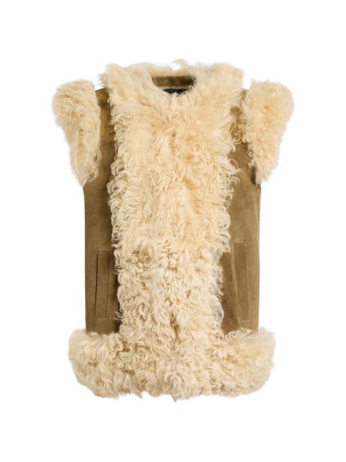Shearling with Peacock Embroidery Waistcoat — Beige