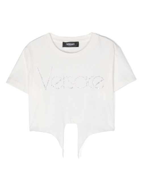 Rhinestone-logo cotton T-shirt - White