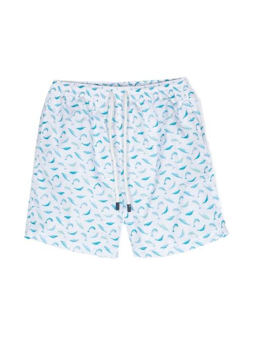 Fish-Print Drawstring Swim Shorts — White