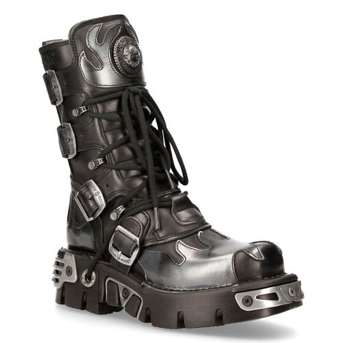 Flame Accented Black/Silver Leather Boots-591-S2