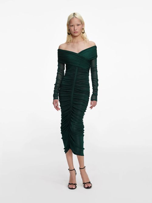 Viscose Midi Dress with Off-the-Shoulder Bardot Neckline and Gathered Detail