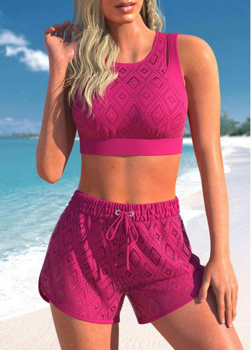 Modlily Lace High Waisted Hot Pink Bikini Set