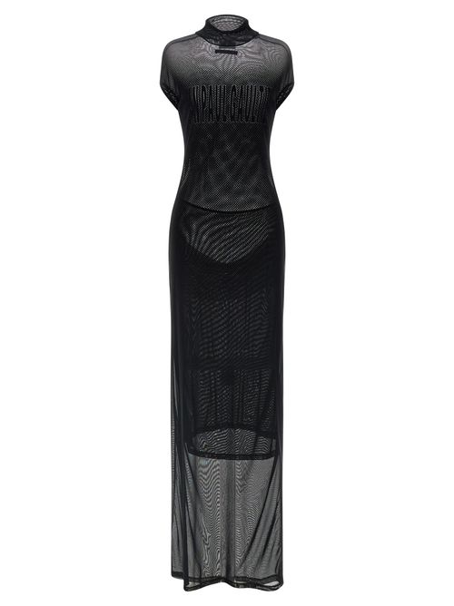Flocked Mesh Dress — Black