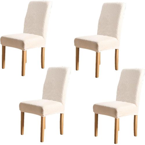 Boucle Seat Covers Dining Chair Slip Elastic Furniture Protector, Cream - 4PC