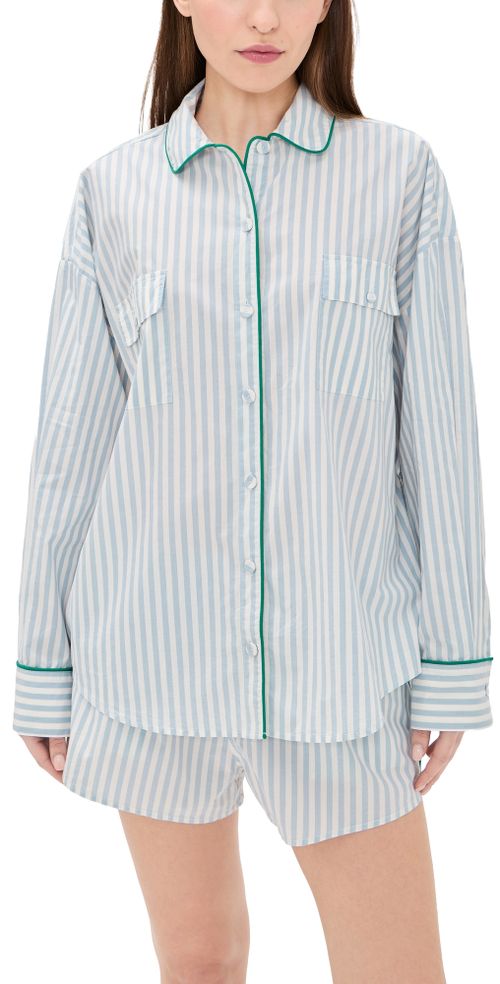 Airy Cotton Piped Button Down Pajama Top Stillwater Stripe/Spring