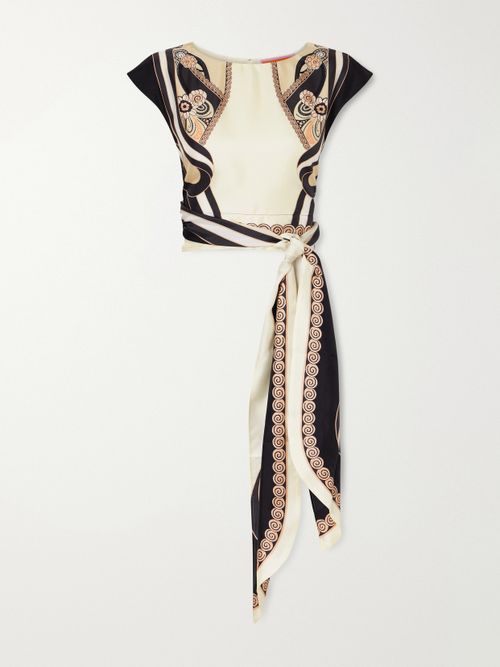 Tie-detailed Printed Silk-twill Blouse - Neutrals