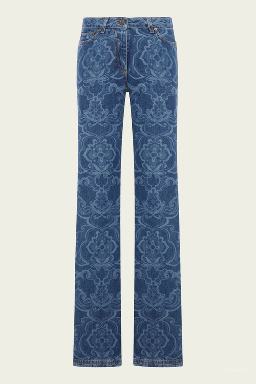Floral-Print Denim Jeans in Blue