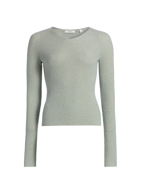 Women's Metallic Rib-Knit V-Neck Sweater - Light Aloe Stone Metallic