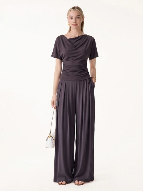 2Pcs Set Cowl Neck Ruched Top & Wide Leg Palazzo Pant with Pockets - Purple/Purple Gloam / XS