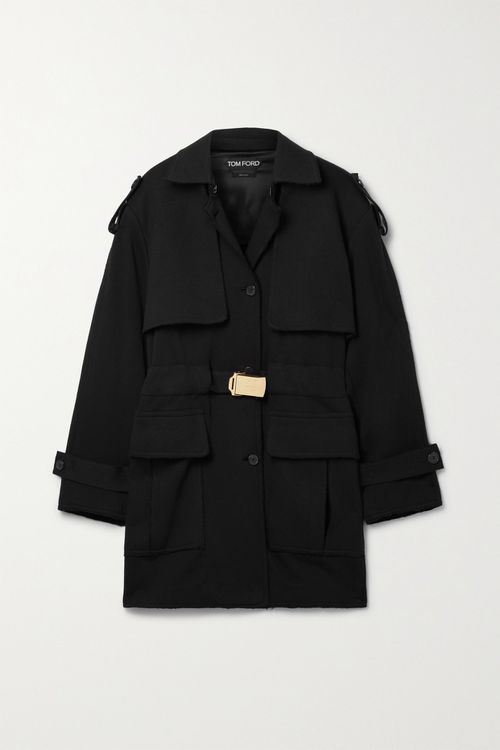 Belted Frayed Cotton-jersey Trench Coat - Black - IT34