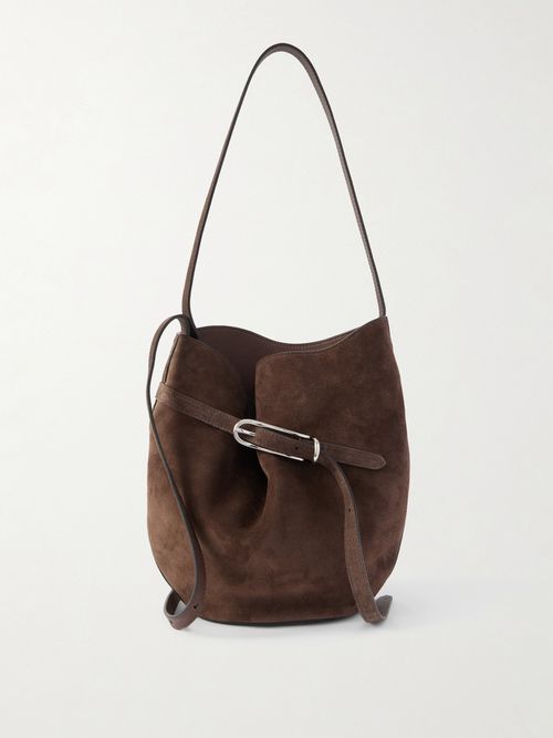 Buckled Suede Bucket Bag - Brown
