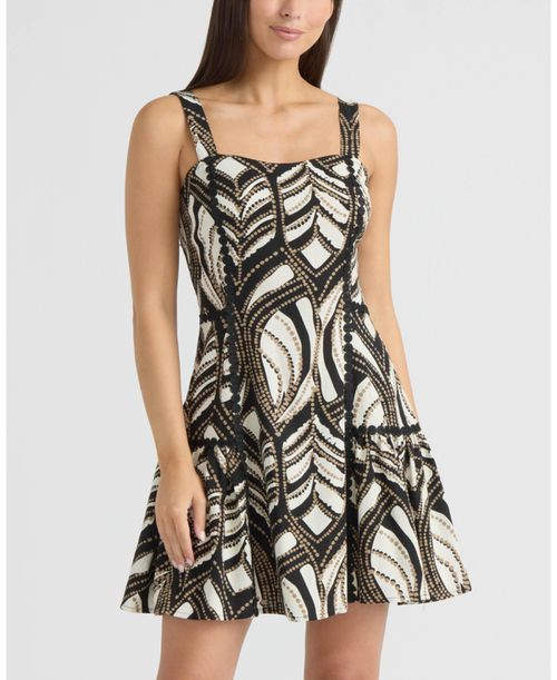 Women's Linen Dotted Lace Trim Dress - Black coastal geo