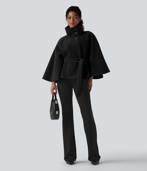 High-neck Long Sleeve Belted Work Cape Coat  - Black