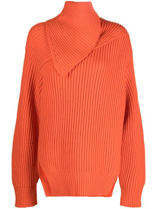 Foldover-neck ribbed wool jumper