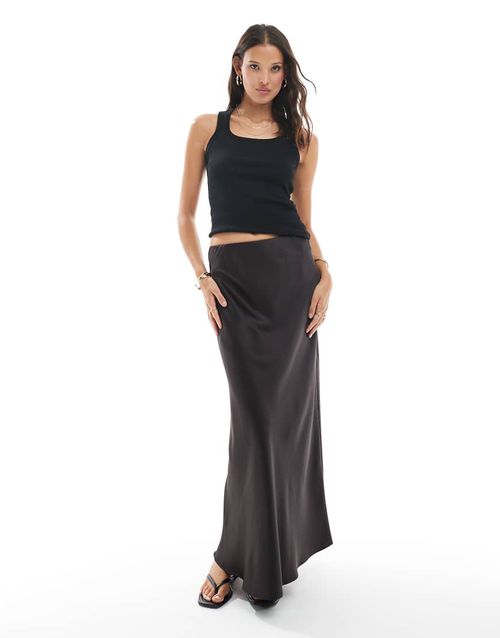 Satin bias cut midi skirt in chocolate-Brown