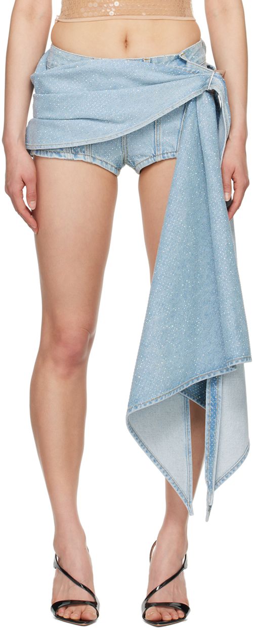 Mugler Blue Draped Denim Shorts