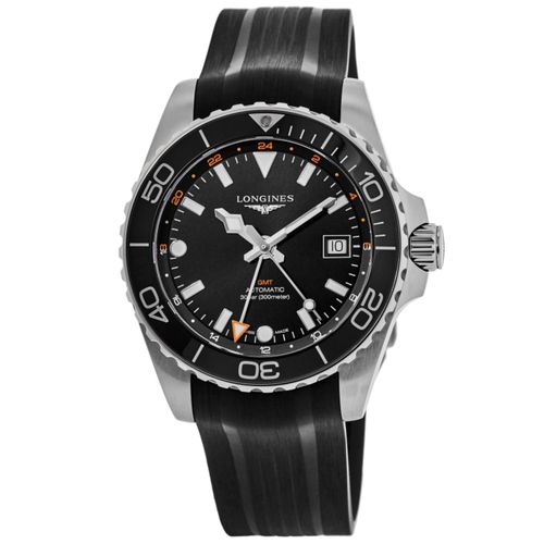 HydroConquest GMT Automatic Black Dial Rubber Strap Men's Watch
