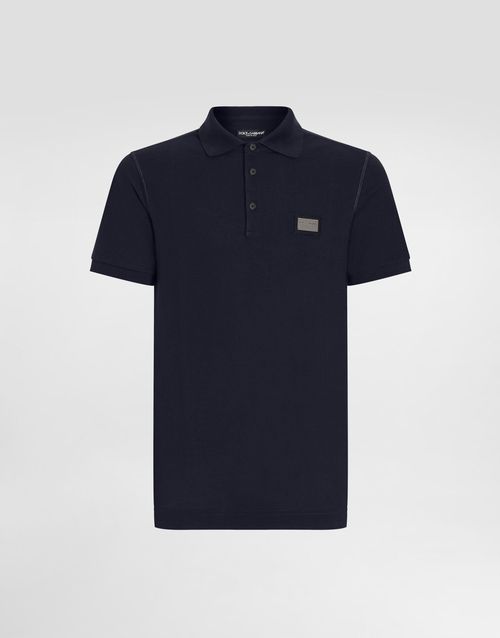 Men's Cotton Polo Shirt with Front Buttons and Logo Metal Plaque