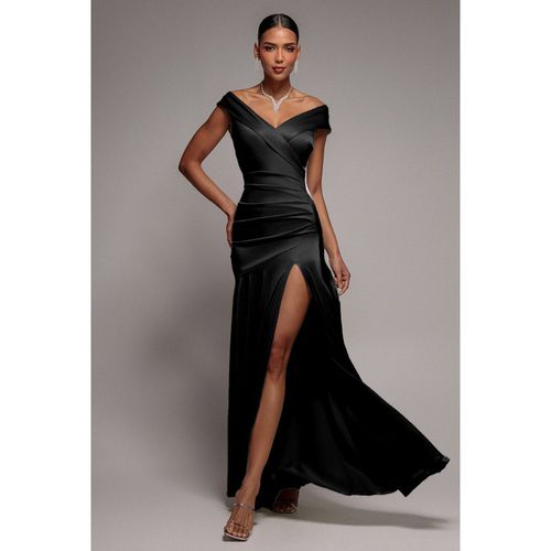 Goddiva Satin Off Shoulder Pleated Maxi Dress - Black