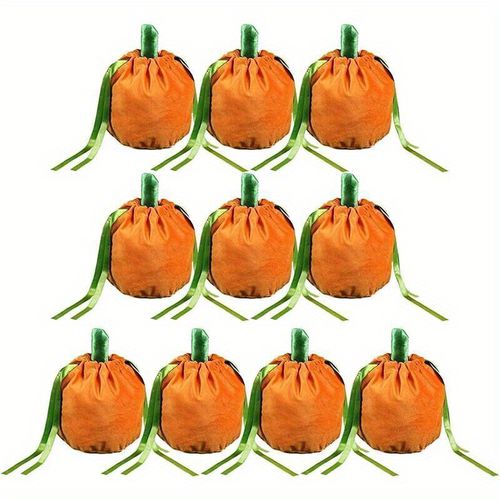 TEMU 5/10pcs Velvet Pumpkin Trick Or Treat Candy Bags - Soft Fabric Party Favors With Green Stems, Orange & White Striped Design For Halloween