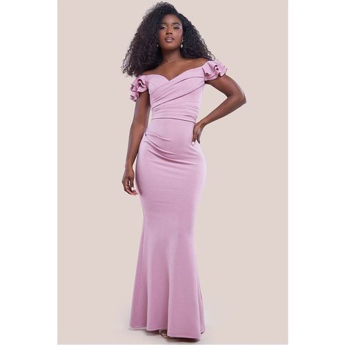 Goddiva Frilled Off The Shoulder Scuba Maxi Dress - Rose Pink