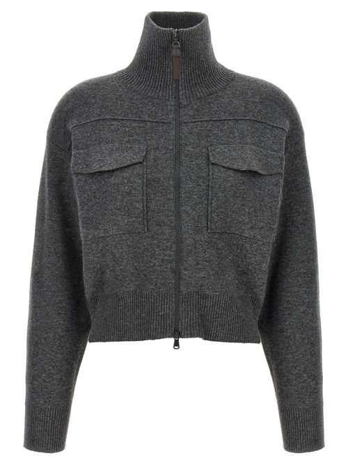 Brunello Cucinelli - Shiny Zipper Pull Sweaters And Cardigans Gray