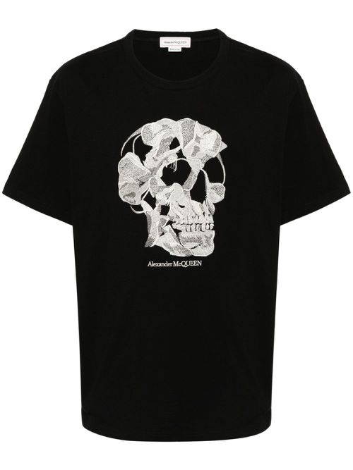 Skull-embroidered cotton T-shirt - Black