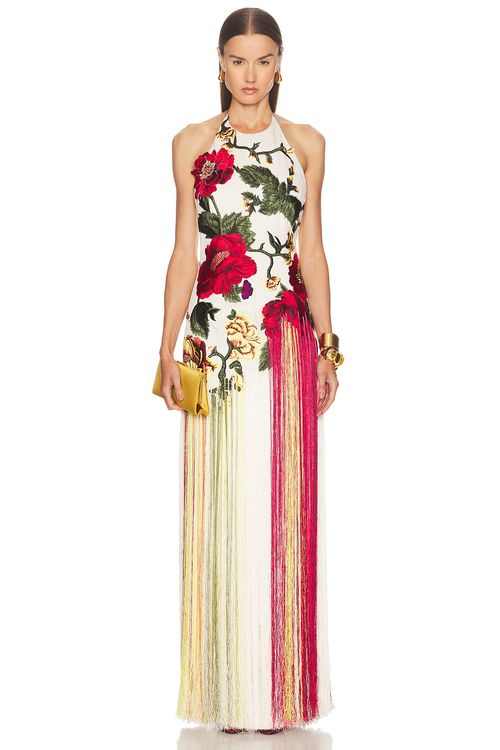 Oscar de la Renta Halter Neck Embroidered Gown in Ivory